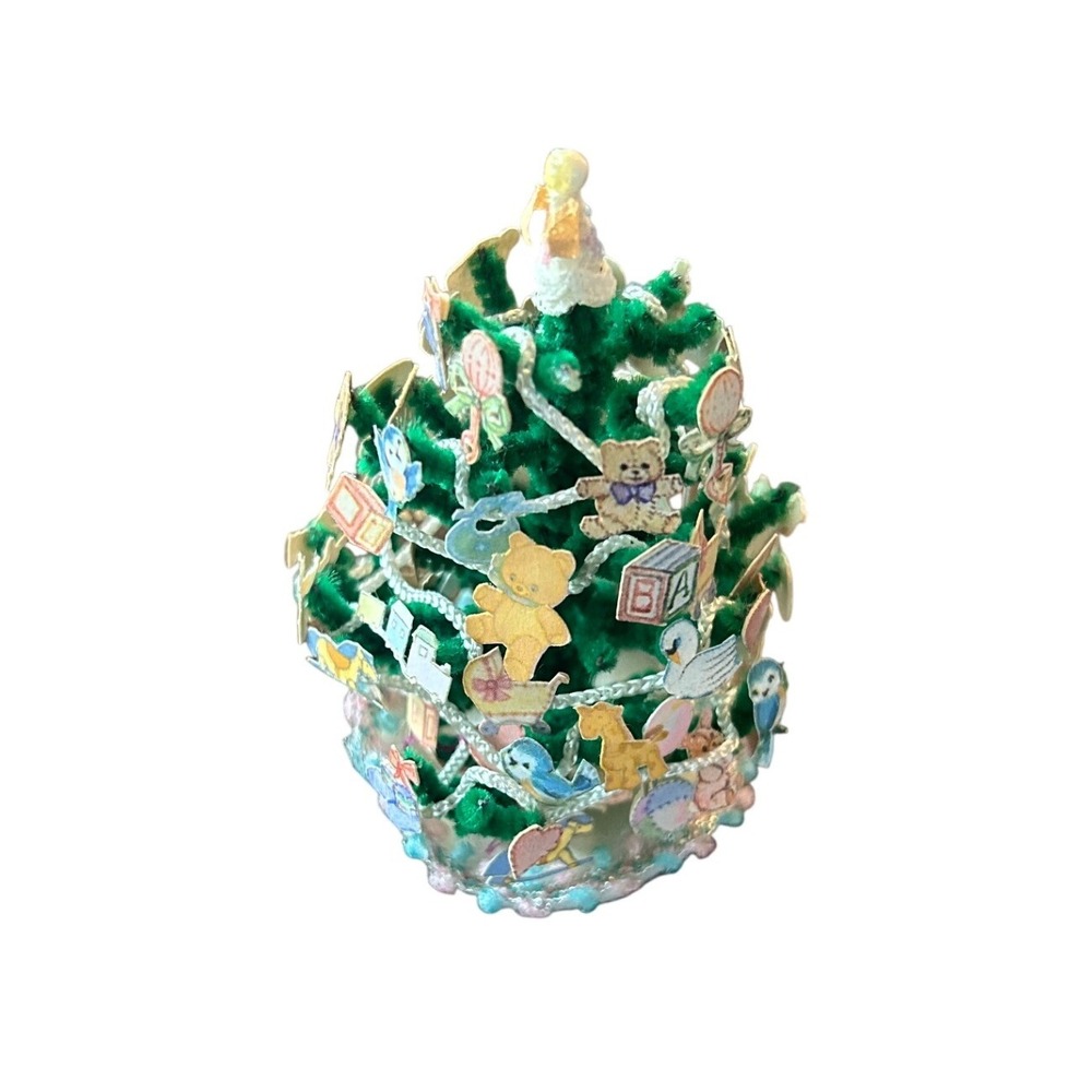 Vintage Miniature Nursery Christmas Tree Teddy Bear Baby Blocks Angel Green Pink